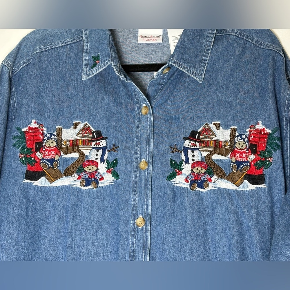 Bobbie Brooks Blue Denim Shirt with Embroidered Christmas Teddy Bears Size 18/20 - Picture 2 of 16